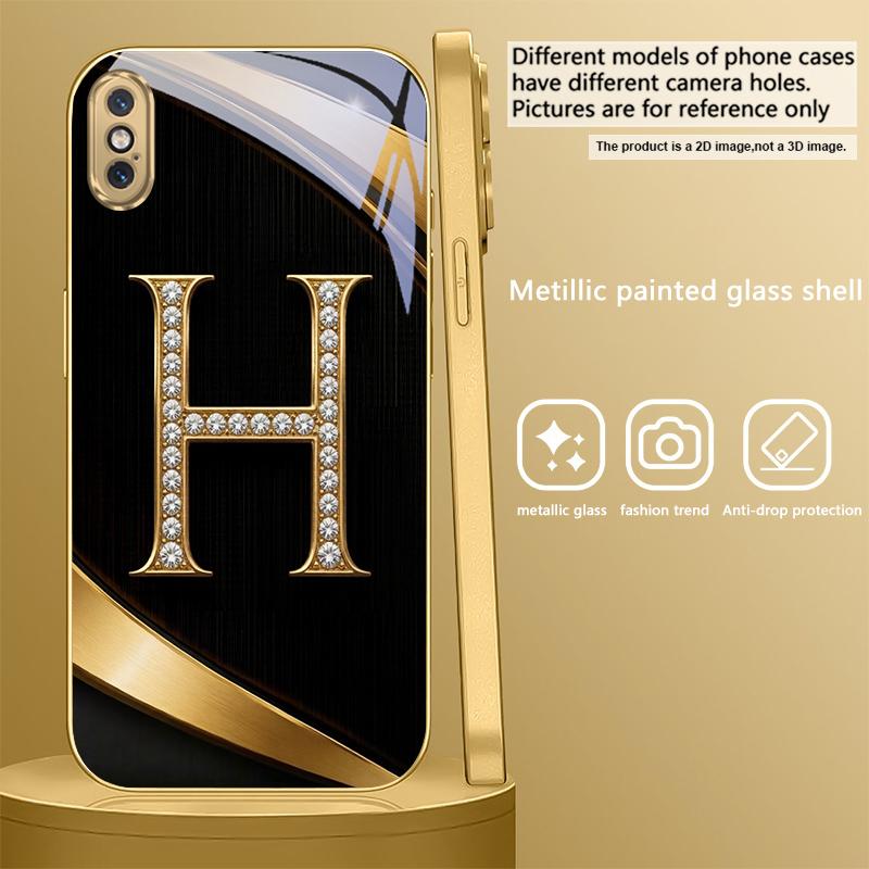 Exquisite letters' P H ' For iPhone Air 16E 15 PRO 14 13 Plus 12 mini 11 17 Pro Max XR 16 17ProMax 17Pro Golden glass phone case