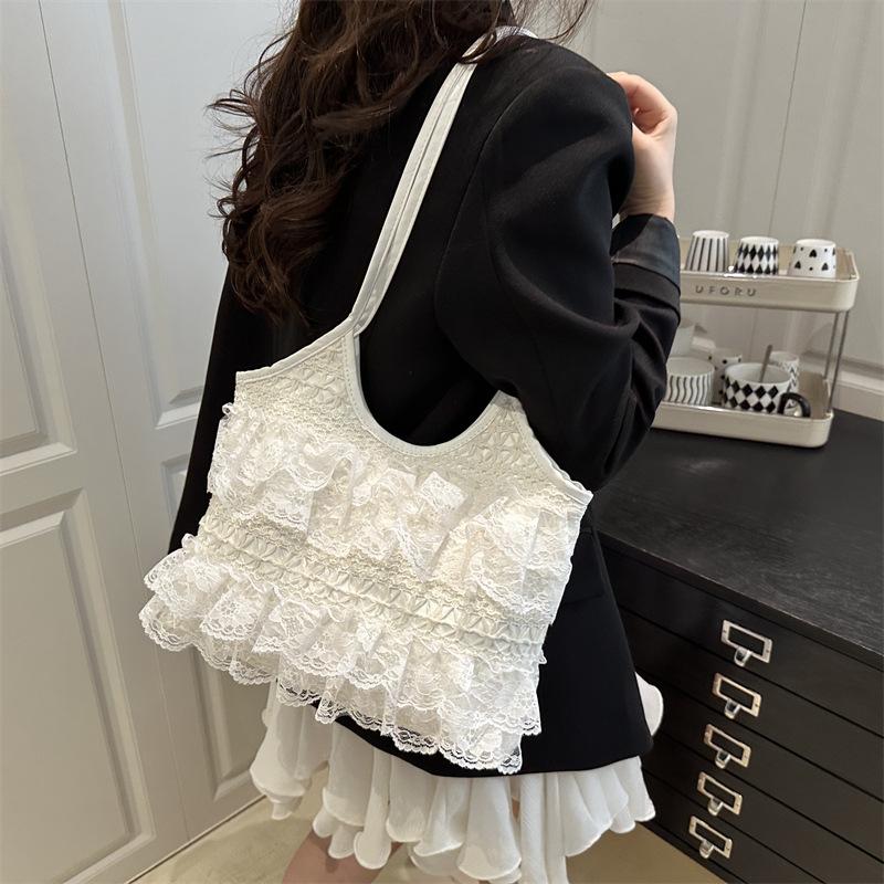 Sweet Lace Female Underarm Shoulder Bag Simple Pleated Women Travel Tote Bags Solid Color Portable Ladies Commuting Handbag