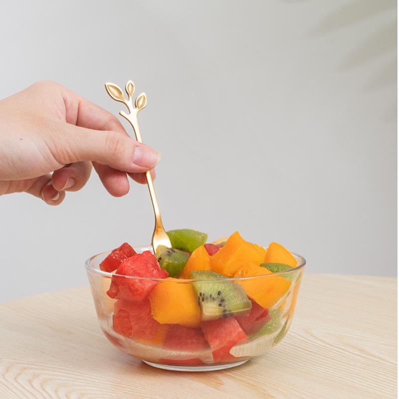 HANYANG Obstgabel aus Edelstahl, goldene Blätter, kreativer Gabellöffel aus Edelstahl, bunter Kaffeerührlöffel