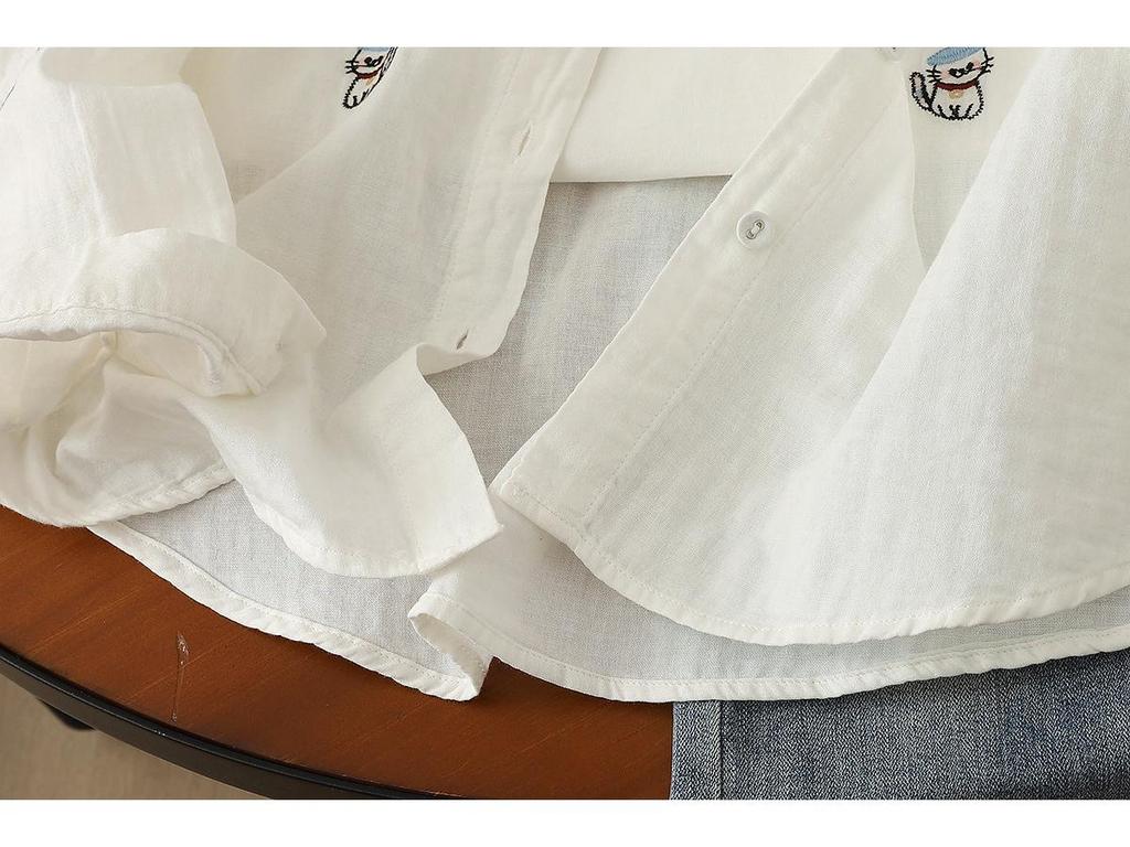 Women's Artistic Cartoon Embroidery Cotton Gauze Long Sleeve Shirt - Fresh & Soft Skin-Friendly Top
