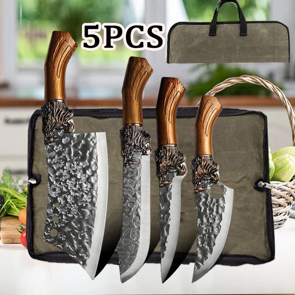 Kitchen Knife with Roll Bag Stainless Steel Butcher Slicing Knife Cooking BBQ Chef Knife Professional Forged Boning Knife