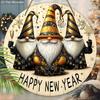 Celebrate The New Year Wooden Ornament with Gnomes Pattern - Happy New Year Round Sign for Front Door, Wall Hanging Decor