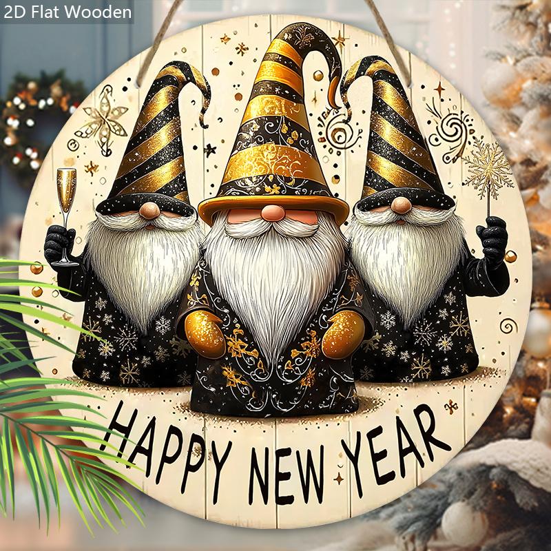 Celebrate The New Year Wooden Ornament with Gnomes Pattern - Happy New Year Round Sign for Front Door, Wall Hanging Decor