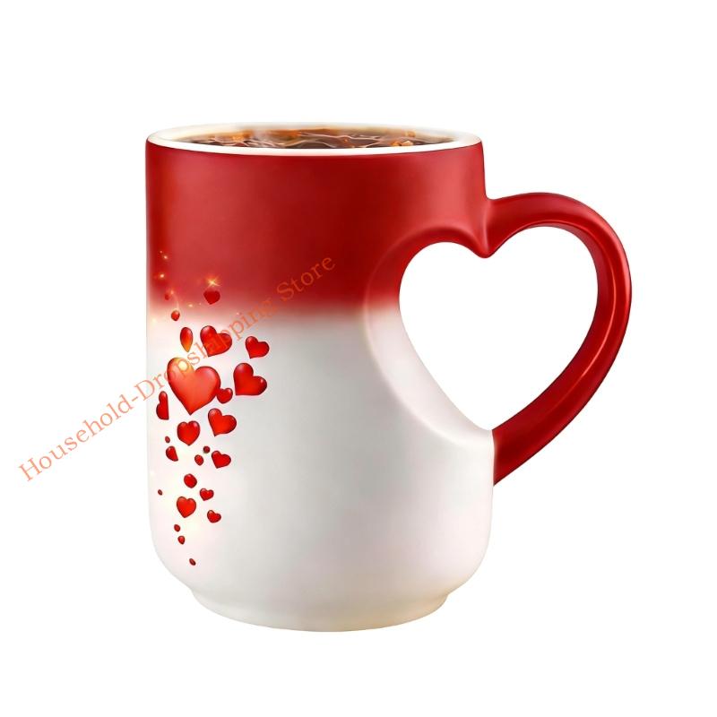 Heat Resistant Ceramic Mug with Unique Heart Handle Color Changing Coffee Cup For Home Offices Or Cafes Use 85AD