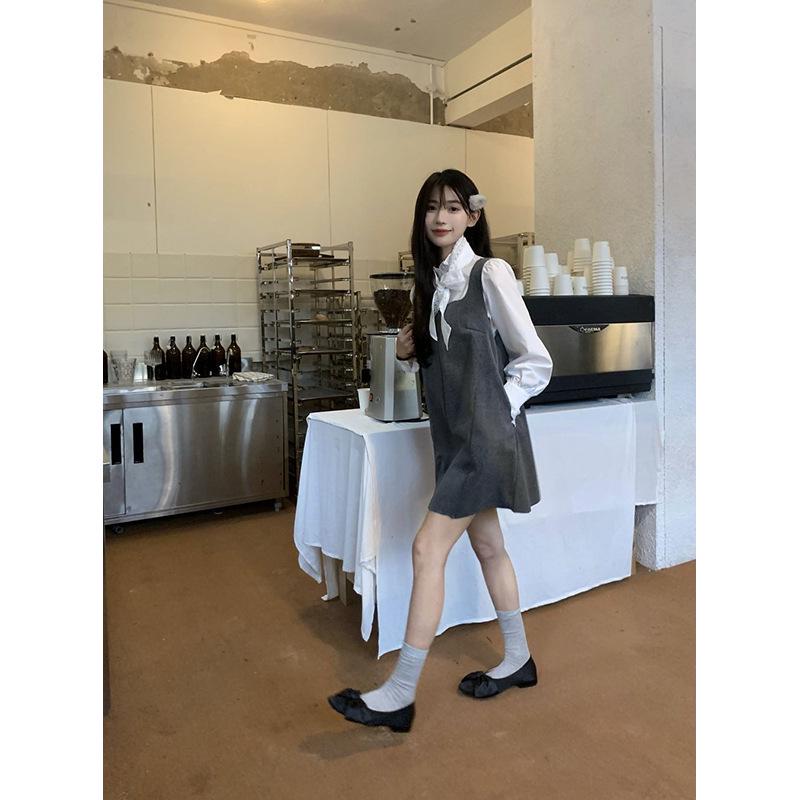 Gray Square Neck Layered Suspender Dress for Women - Autumn/Winter 2023 Collection