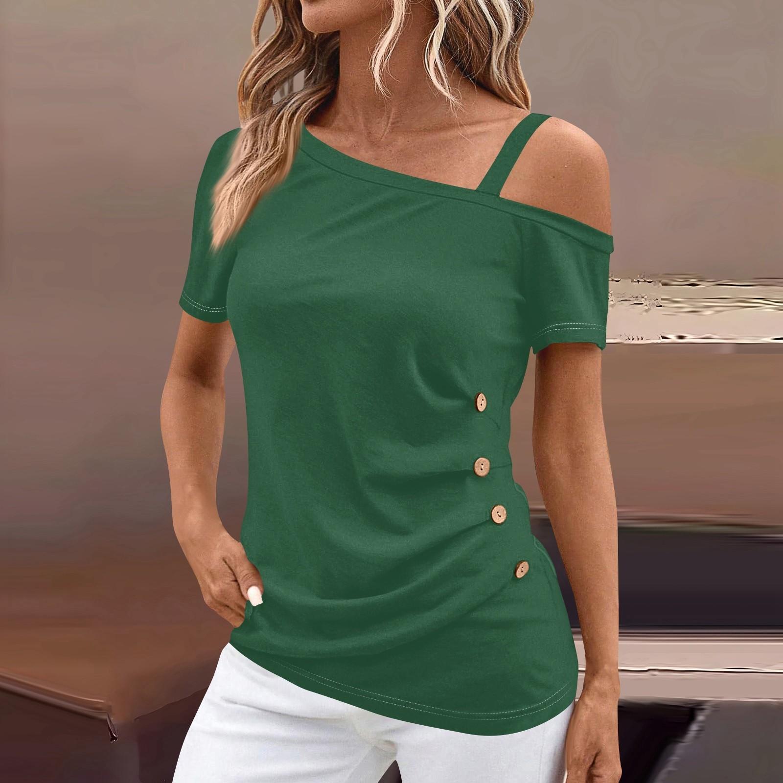 

Женские топы с открытыми плечами, плиссированные однотонные футболки с асимметричным вырезом и короткими рукавами L