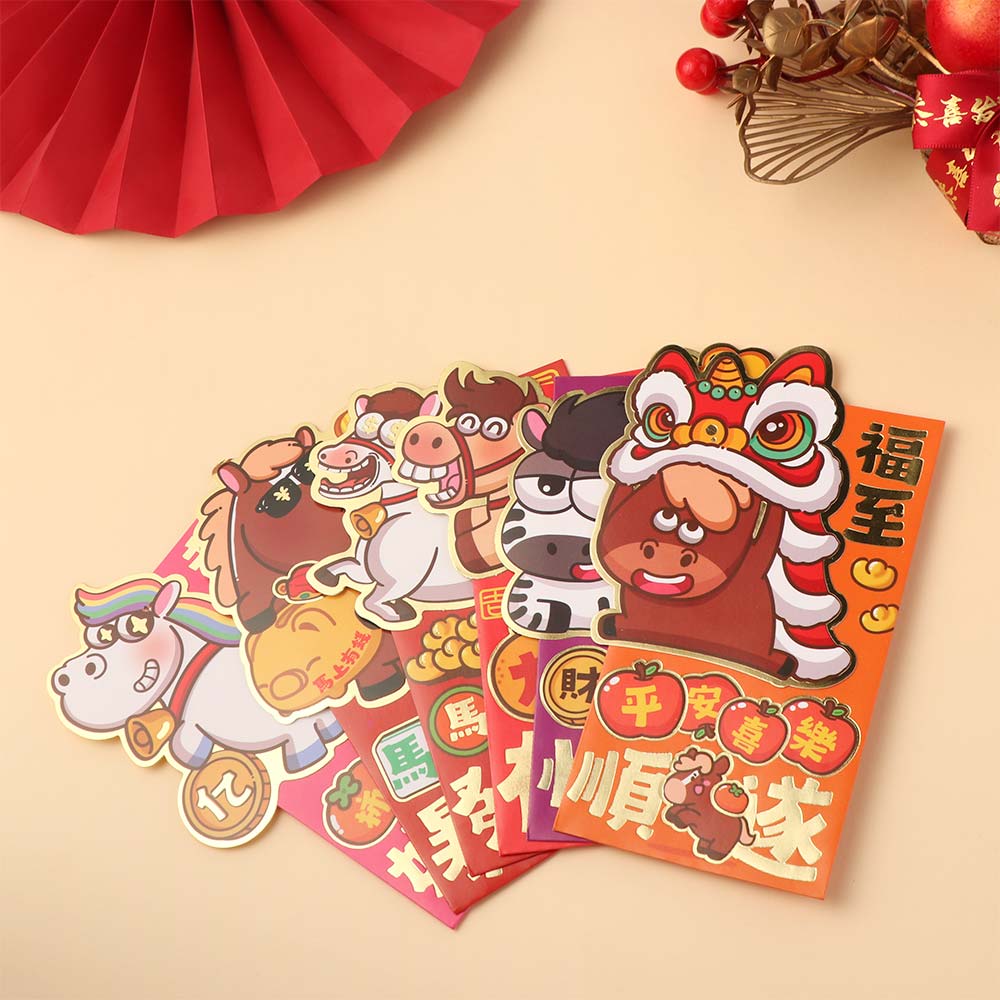 6pcs Cartoon 2026 Horse Year Red Envelope Blessings Paper Craft Lucky Money Pouch Mixed Pattern Traditional Red Packet