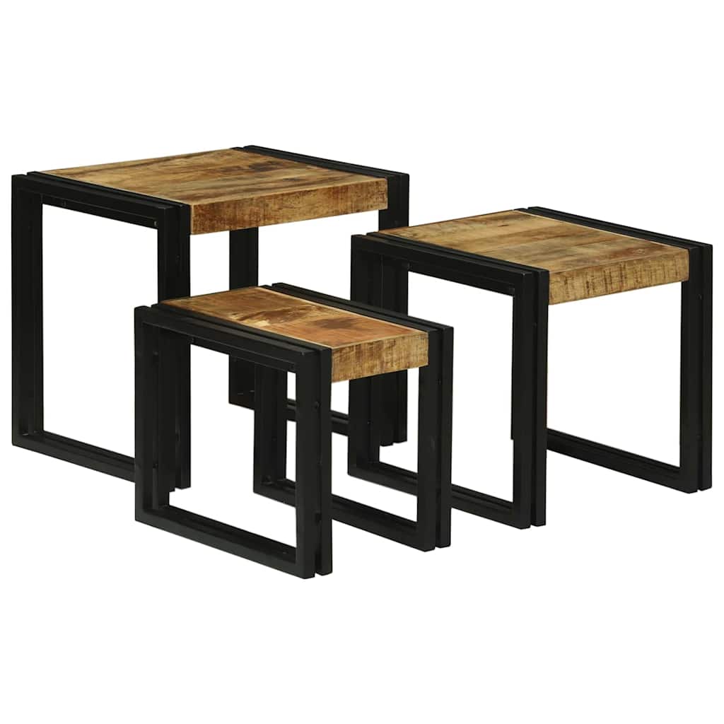 Nesting Table Set 3 Pcs Solid Mango Wood and Metal