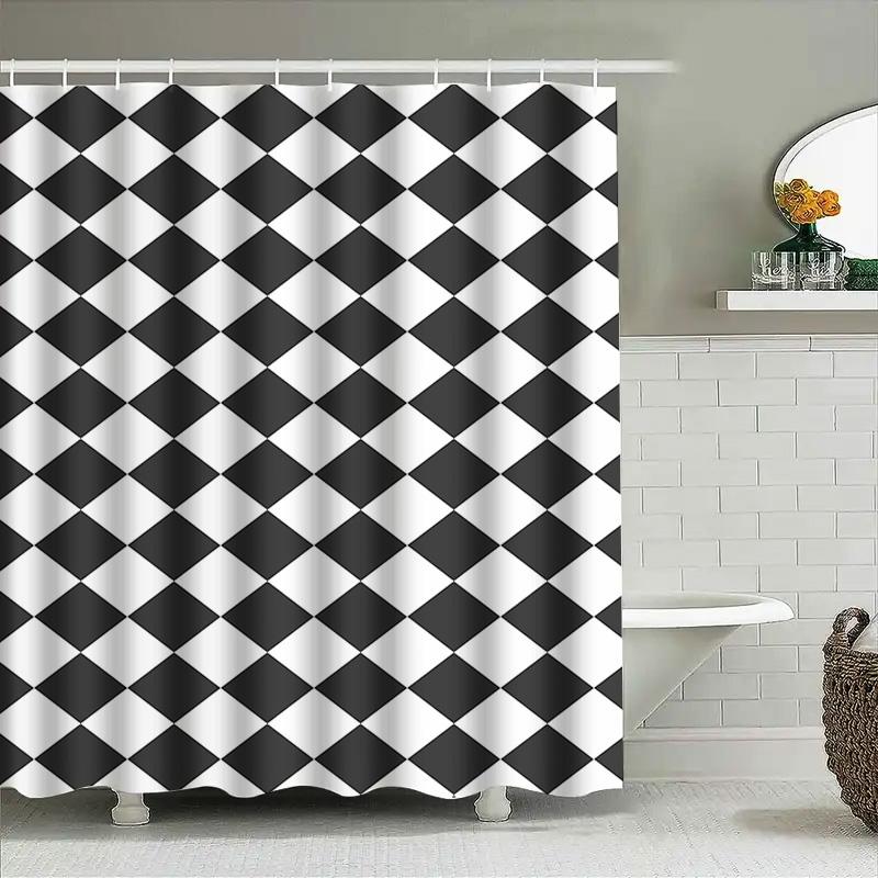 Karierter Duschvorhang 3D-gedruckt Wasserdicht Badezimmerdekor für Heimdekoration Weiß Schwarz 72X84 (180*213Cm)