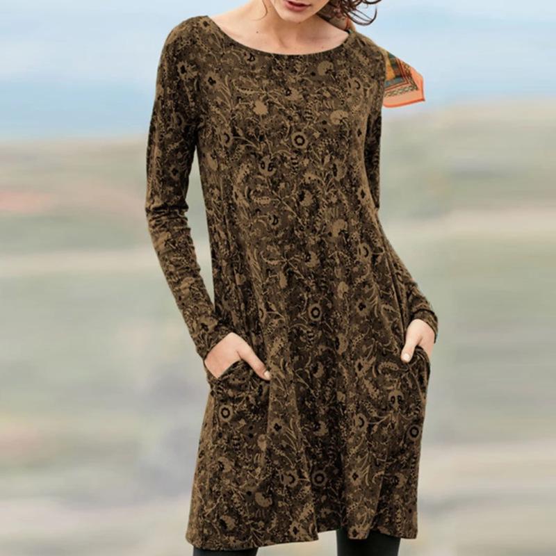 2021 Autumn Floral Print Long Sleeve Pullover Mid-Length Dress for Women