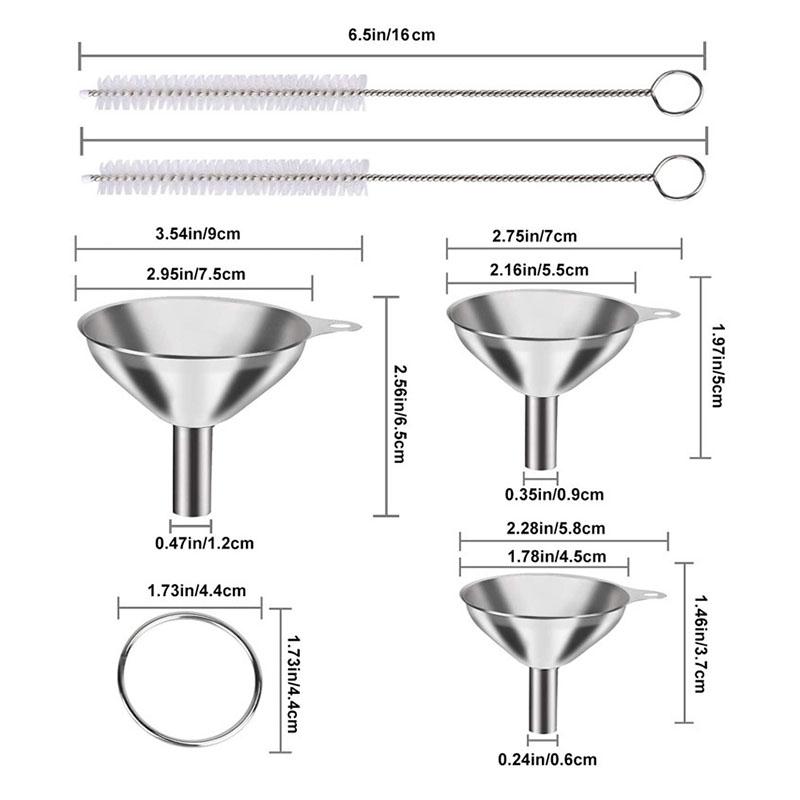 6Pcs Stainless Steel Kitchen Funnels Set Wide Mouth Funnels For Canning Bar Wine Beer Oil Flask with Cleaning Brushes and Rings