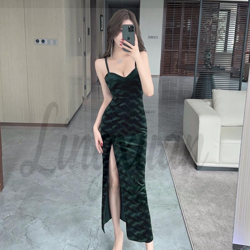 Elegant Velvet Strappy Midi Dress with High Slit and Low-Cut Design