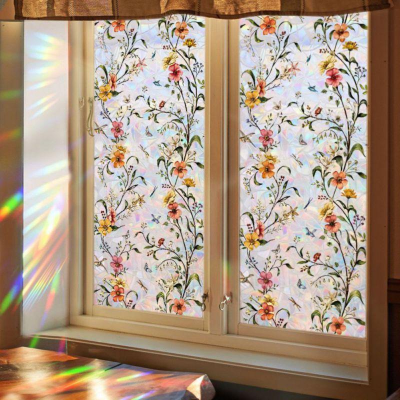 

Декоративные наклейки на стекло с эффектом радуги, наклейки на окна с цветами, наклейка на стекло 45*200cm