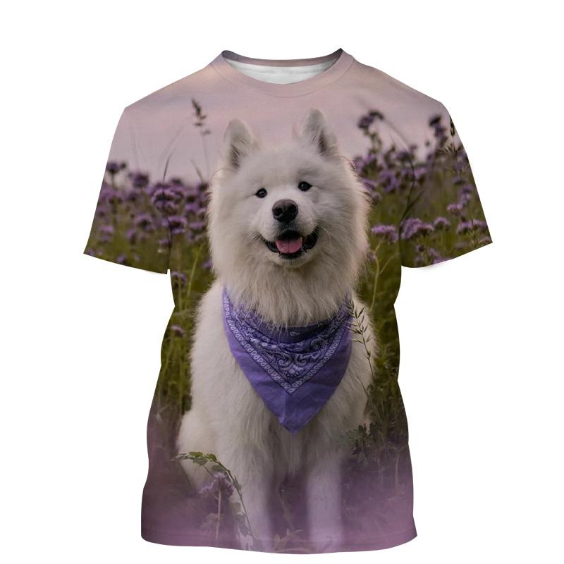 Neues Casual T-Shirt für Herren, Damen, Kinder 3D-Druck Niedliches Tier Hund Samojede Muster Atmungsaktiv Leicht Sommer Sport Oberteil