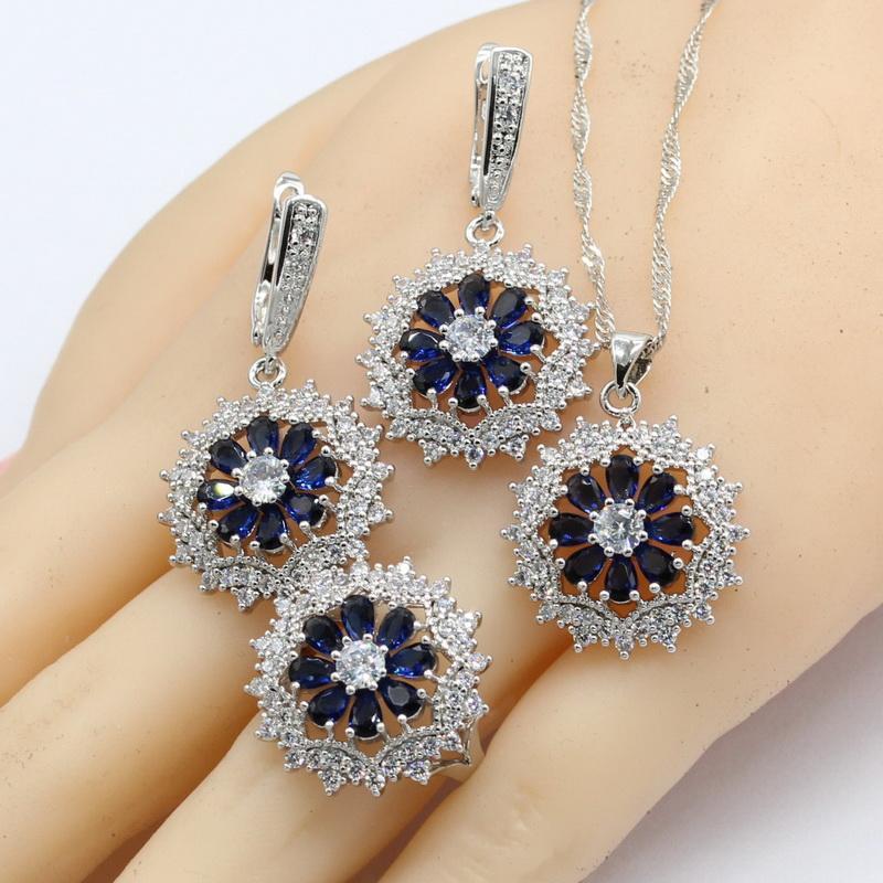 Color Jewelry Sets Women Dark Blue Stones Necklace Pendant Bracelets Earrings Rings Birthday Gift