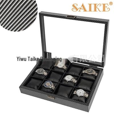 Carbon Fiber Pattern Wood & Silk Cotton 12-Slot Watch Display Box.