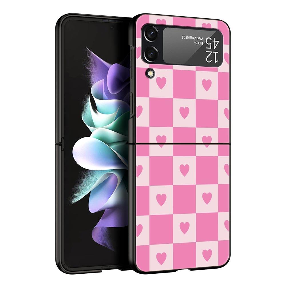 Phone Case for Samsung Galaxy Z Flip 3 4 5 6 7 Folding Black Shell For Samsung Z Flip4 Flip5 PC Hard Cover Pink Grid