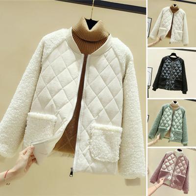 Women Autumn Winter Solid Color Short Cotton Coat Long Sleeve Plush Splicing Jacket Pockets Zipper Placket Cotton Padded Outwear