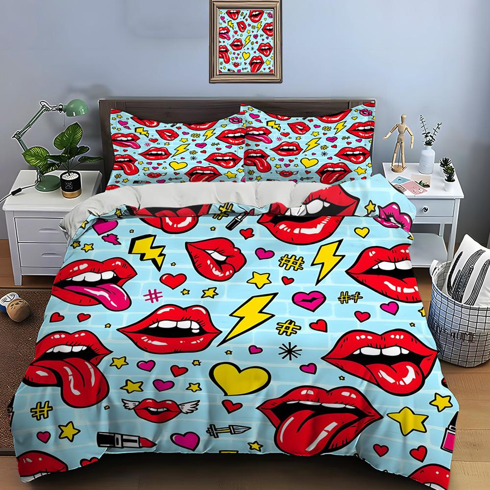 Red Lips Hearts And Lightning Pattern Print Soft Comfortable Duvet Cover Bedding Set Included 1*Duvet Cover 2*Pillowcases EU Twin 135X200cmset