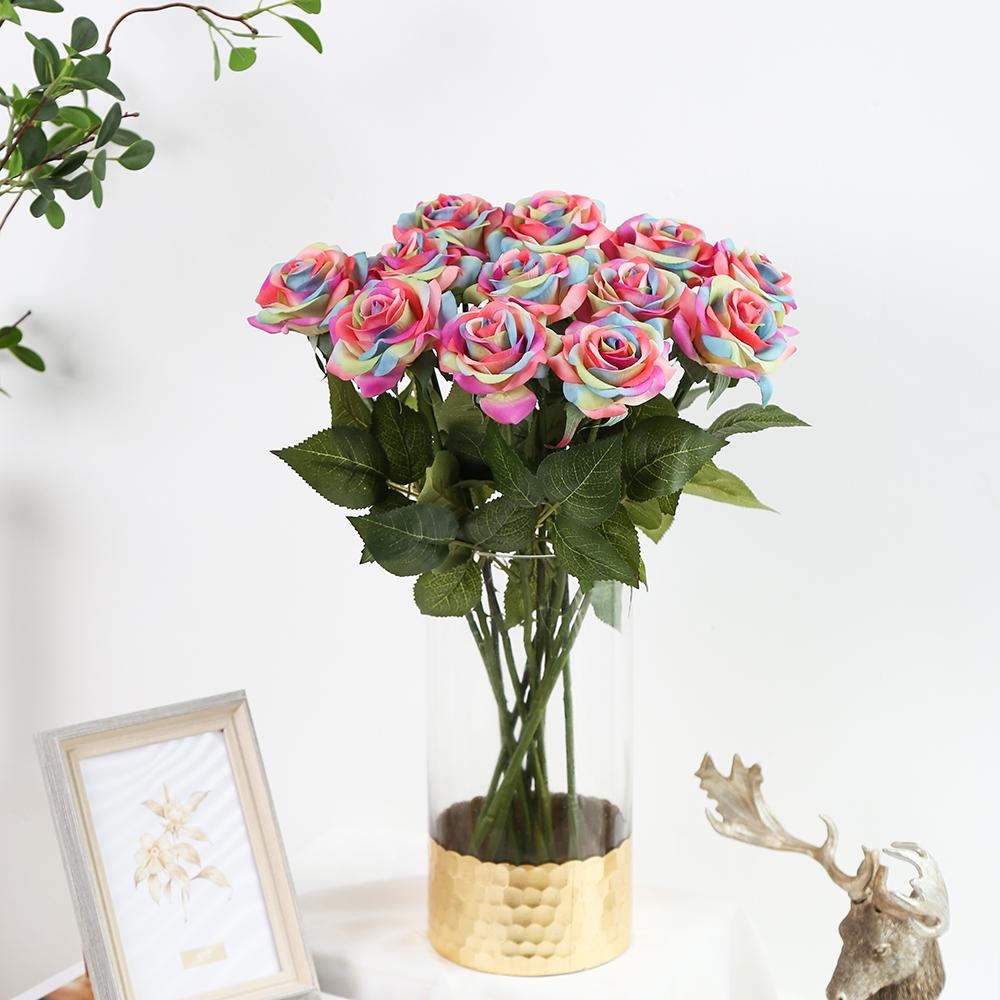 12 Stück Valentinstag Regenbogen Künstliche Rose Blume Echte Haptik Regenbogen Seidenrose Blume Künstliche Rosen für Sträuße Hochzeitsparty Babyparty Heimdeko