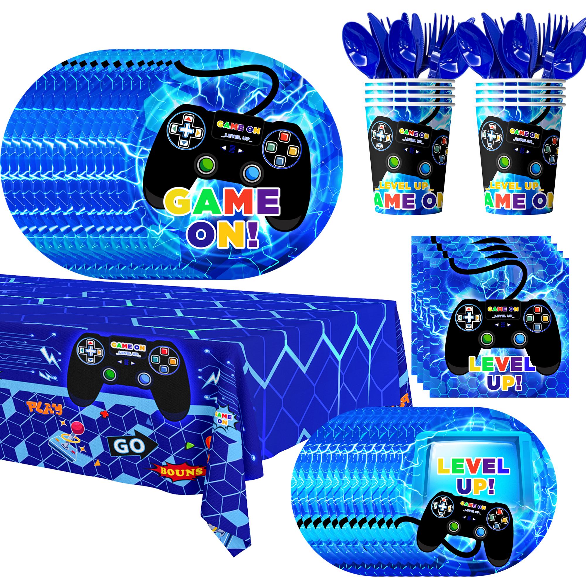113pcs Gamer Birthday Decorations, Gaming Party Tableware Set - Game Themed Party Plate Cups Napkins Tablecloth etc