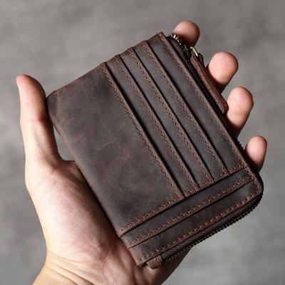 Handmade Vintage Crazy Horse Leather Mens Wallet Slim Zipper Coin Bag Multi Card Slots ID VIP Credit Card Holder Pocket Small Simple Portable Pouches
