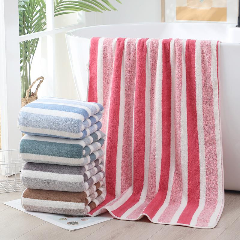 Coral Fleece Bath Towel Large Wide Strip Bath Towel Thickened Absorbent Striped Towel Adult Household Beach Towel
