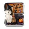 Halloween Bear In A Box Handmade Cute Witch Bear In A Tin for Trick or Treat Miniature Plush Bear with Broom Pumpkin Cat Halloween Party Gift