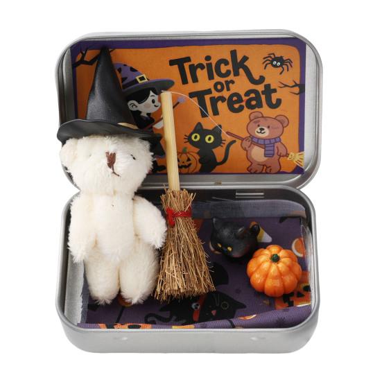 Halloween Bear In A Box Handmade Cute Witch Bear In A Tin for Trick or Treat Miniature Plush Bear with Broom Pumpkin Cat Halloween Party Gift