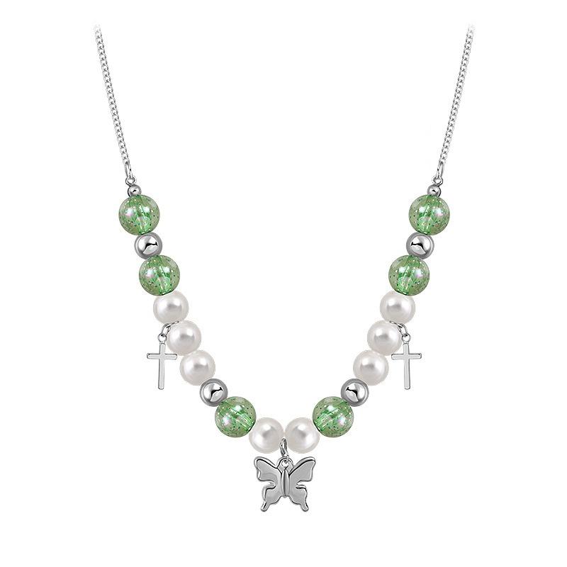 Trendy brand hip hop pearl accessories butterfly necklace personalized splicing necklace female ins same collarbone chain accessories