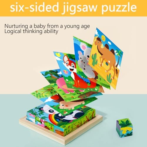 6-in-1 Wooden Cube Puzzle, 3D Montessori Educational Toy for Toddlers, Develops Hand-Eye Coordination, Perfect for Boys & Girls Ages 1-4
