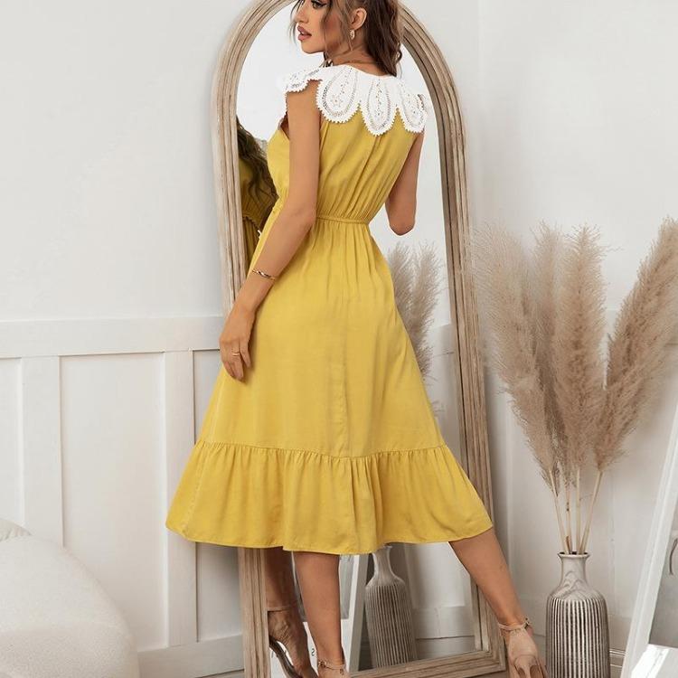 Women Casual Long Dress Spring Summer Solid A-line V-Neck Short Sleeve High Waist Ruffles Slim Lace Patchwork Sizes S-XL