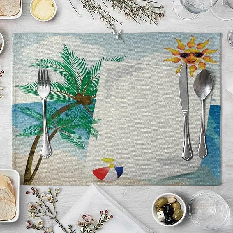 1PC Table Mats for Dining  Seaside Beach Pattern  Placemat Coconut Tree Linen
