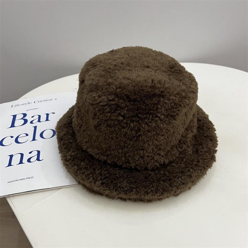 

Short brim plush thickened short brim basin hat ladies winter sweet small fresh warm balls bucket hat M（56-58cm） темно-коричневого кольору