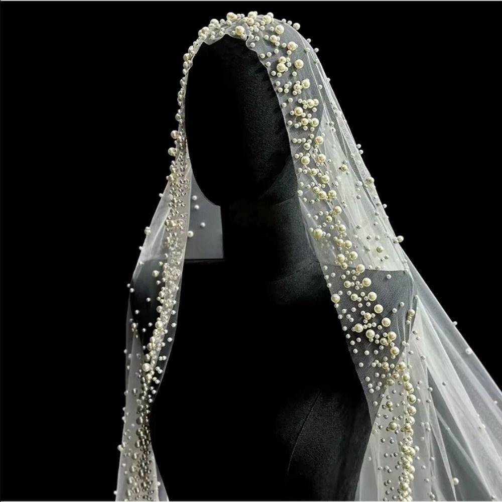 130cm Pearls Tulle Bridal Veil Vintage Waist Length Drop Veil Long Wedding Veil  Wedding Dress