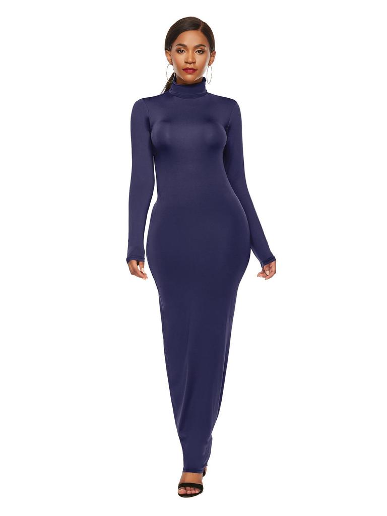 Women's Long Sleeve Solid Color Slim Fit High Neck Dress - European & American Fashion