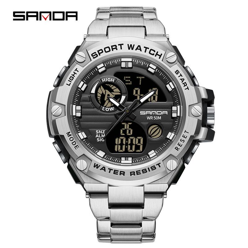 Sanda Men s Waterproof Steel Band Sports Electronic Watch with Alarm