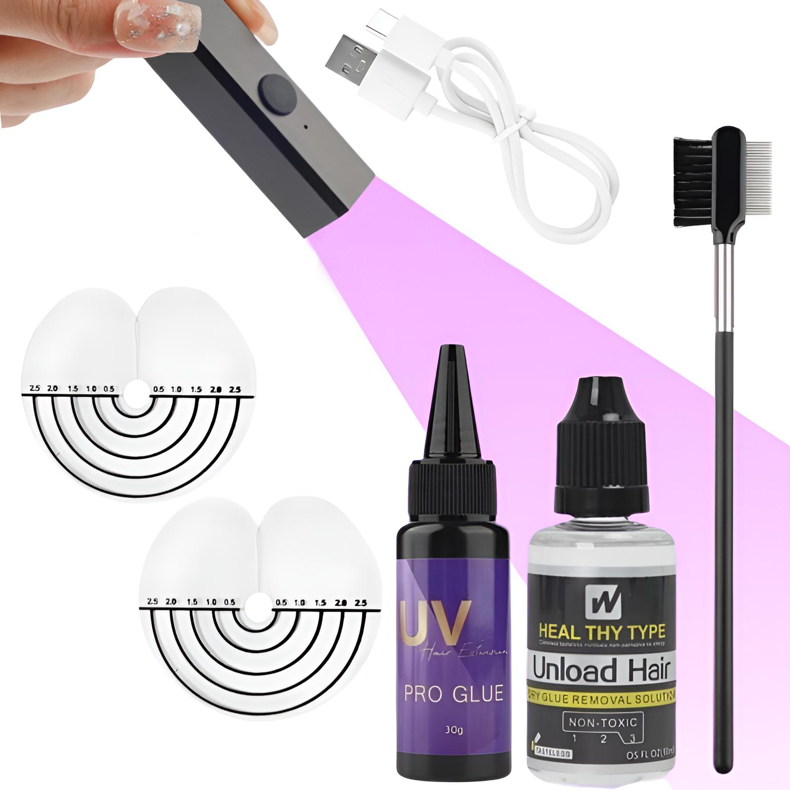 

Professional UV Hair Extension Kit with UV Glue, Comb & Remover | Quick Damage-Free Application & Safe Removal | Durable System for Salon & Home Use A Set