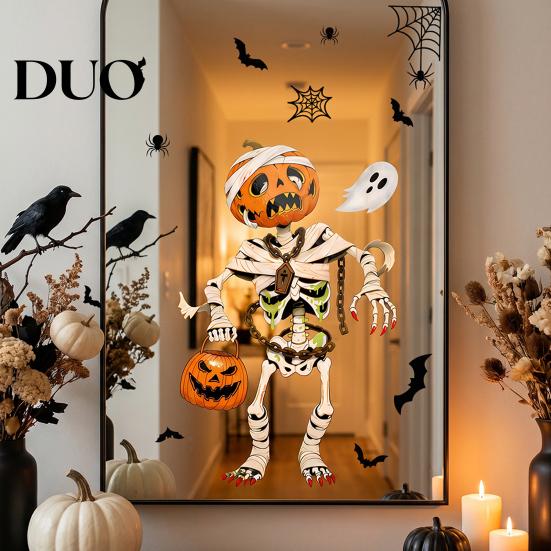 Waterproof Holiday Window Film Halloween Clings, Pumpkins Skeletons Ghosts And Bats Print Decorative Indoor Outdoor Glass Ornaments