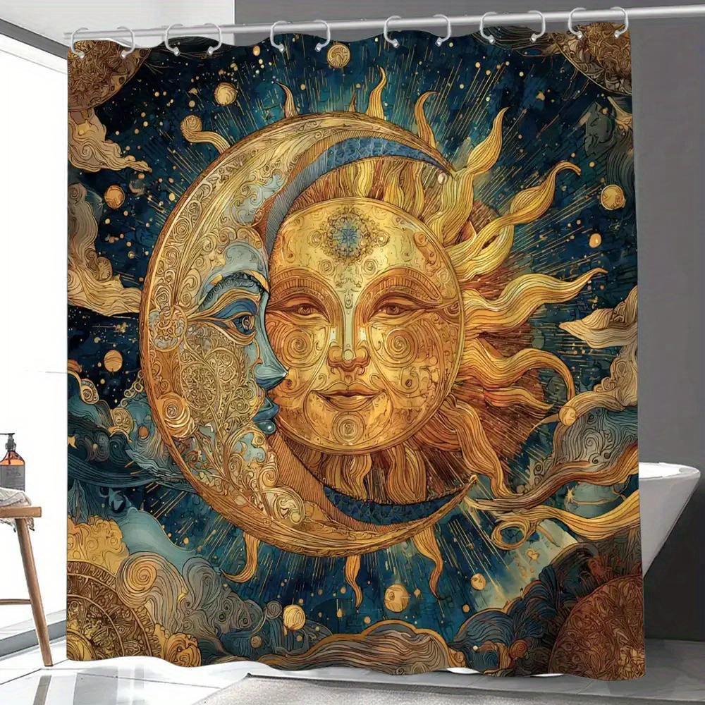 1pc of Cosmic Starry Bathroom Shower Curtain, Sun and Moon Fusion Theme, Dreamy Starry Sky Holiday Shower Curtain, Includes 12 90x180cm