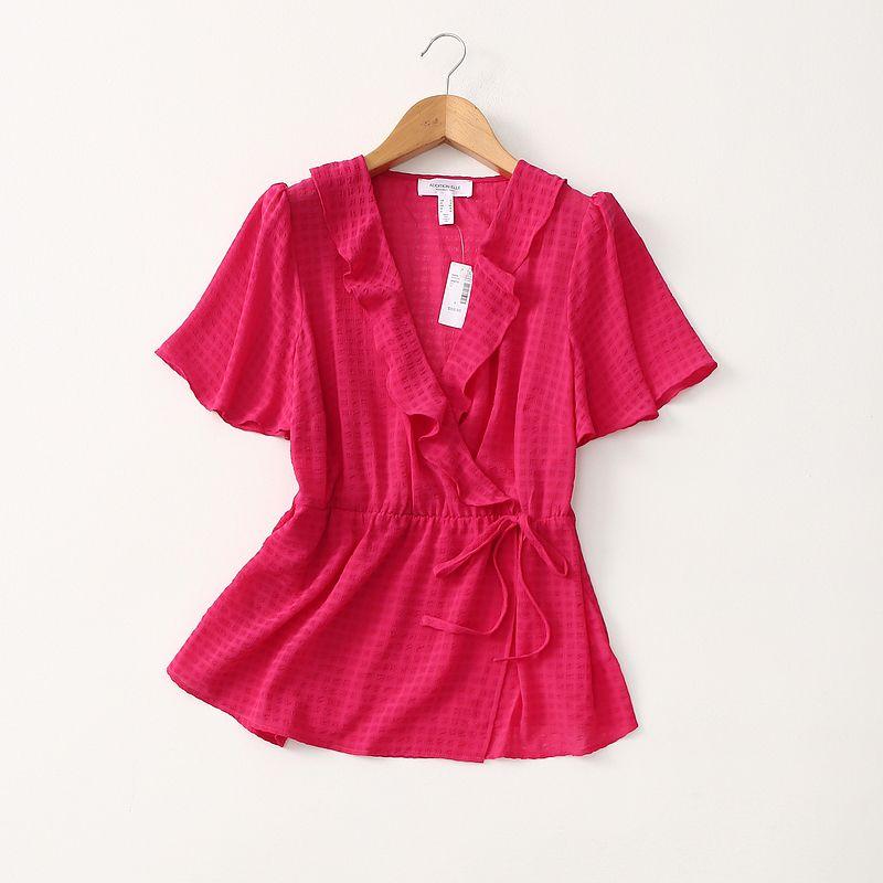 Foreign Trade Original Order Simple Graceful Wooden Ear Polka Dot Short Sleeve Chiffon Shirt Blouse Side Lace-up Plus Size Women's Clothing