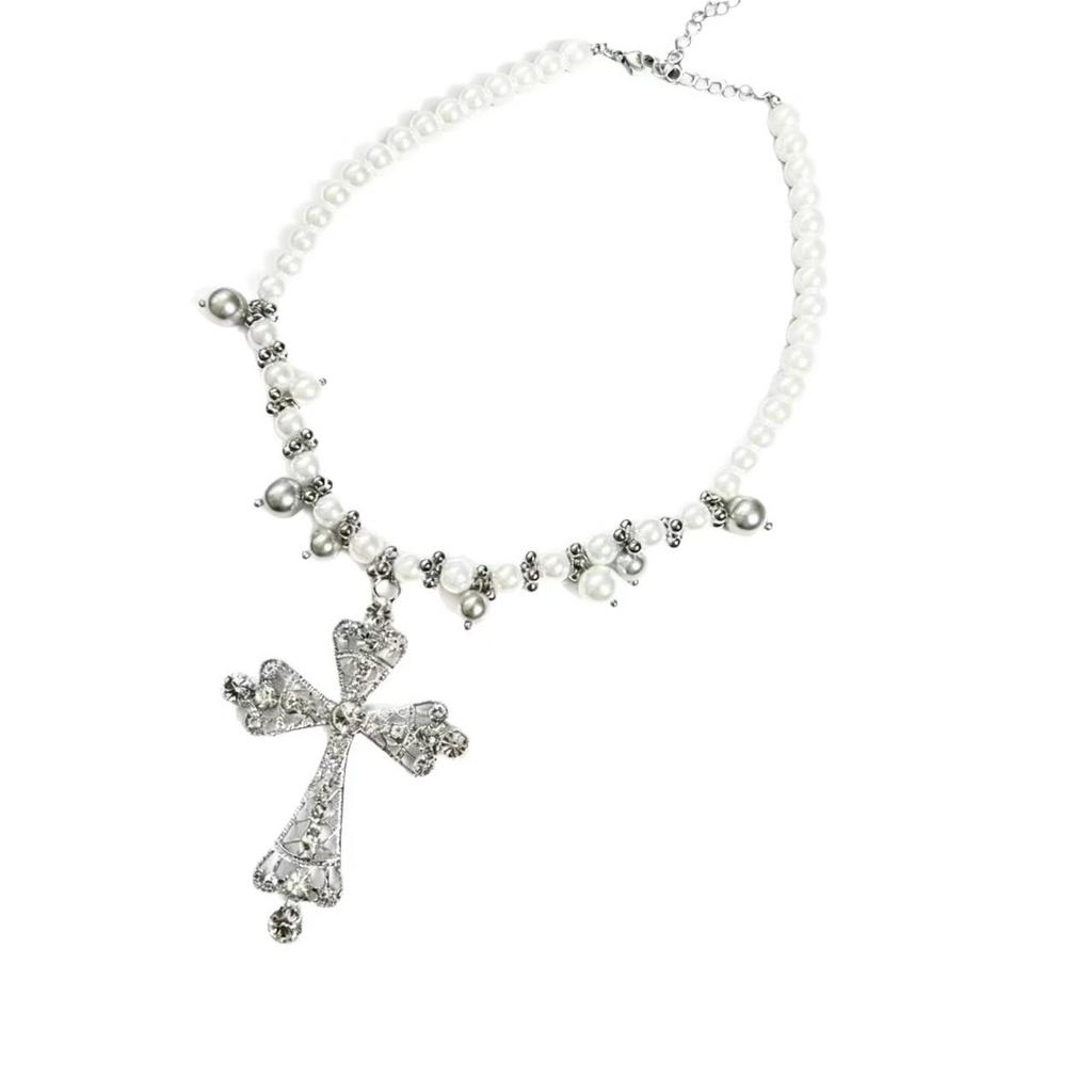 European and American style diamond-encrusted cross pearl necklace light luxury high-end design collarbone chain elegant fashion temperament necklace