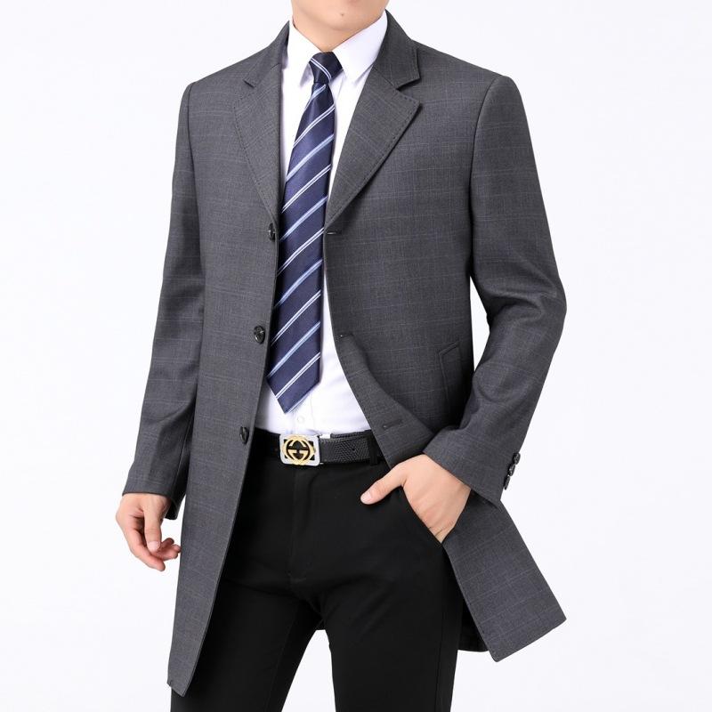 Spring and autumn middle-aged men's mid-length windbreaker, middle-aged suit collar, casual wool coat, dad's high-end jacket