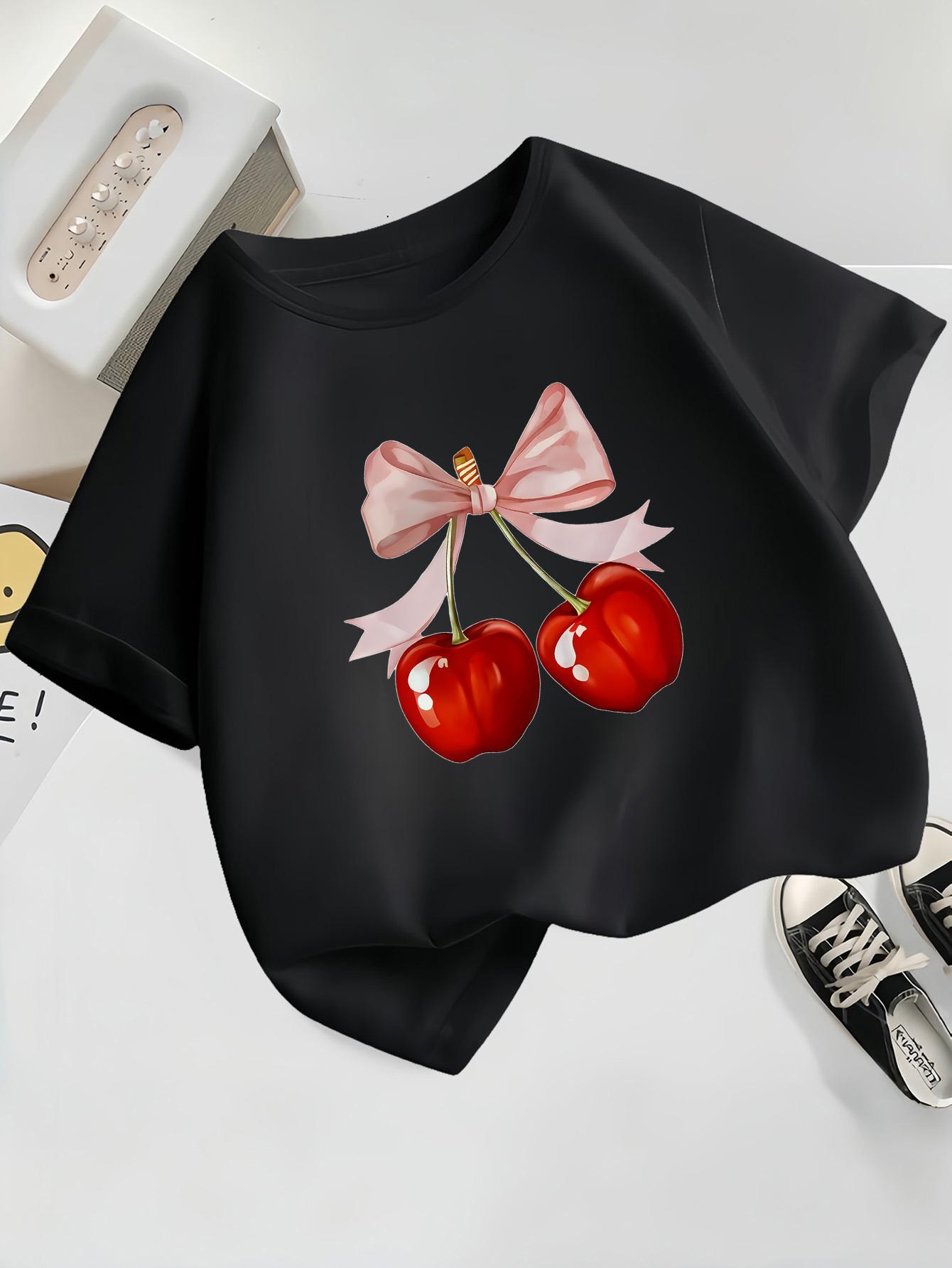 Girls Casual Short Sleeve Round Neck TShirt Summer with Fabric Playful Casual Shirts for Girls Cherry Graphic Tee Comfortable 100
