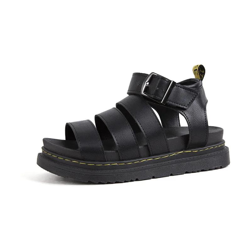 Fashion 2025 Large Summer New Thick Sole One Line Casual Roman Sandals Women's Cross Border Round Head Buckle Shoes