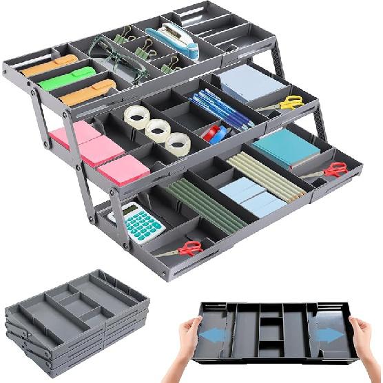Ysglory 3 Tier Drawer Organizer Smart Collapsible Desk Organizer Multi Level Expandable Junk Drawer Organizer Storage Tray for Makeup, Jewelry, 1 Row with 3-Tier