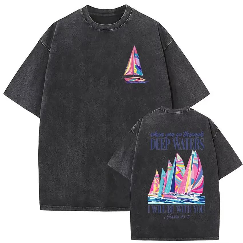When You Pass Through Deep Waters Vintage Washed T Shirt Jesus Whale Men Woman Short Sleeve T-shirts Casual 100% Cotton T-shirt