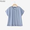 Women Grid Print Casual Round Neck Loose Short Sleeve Blouse