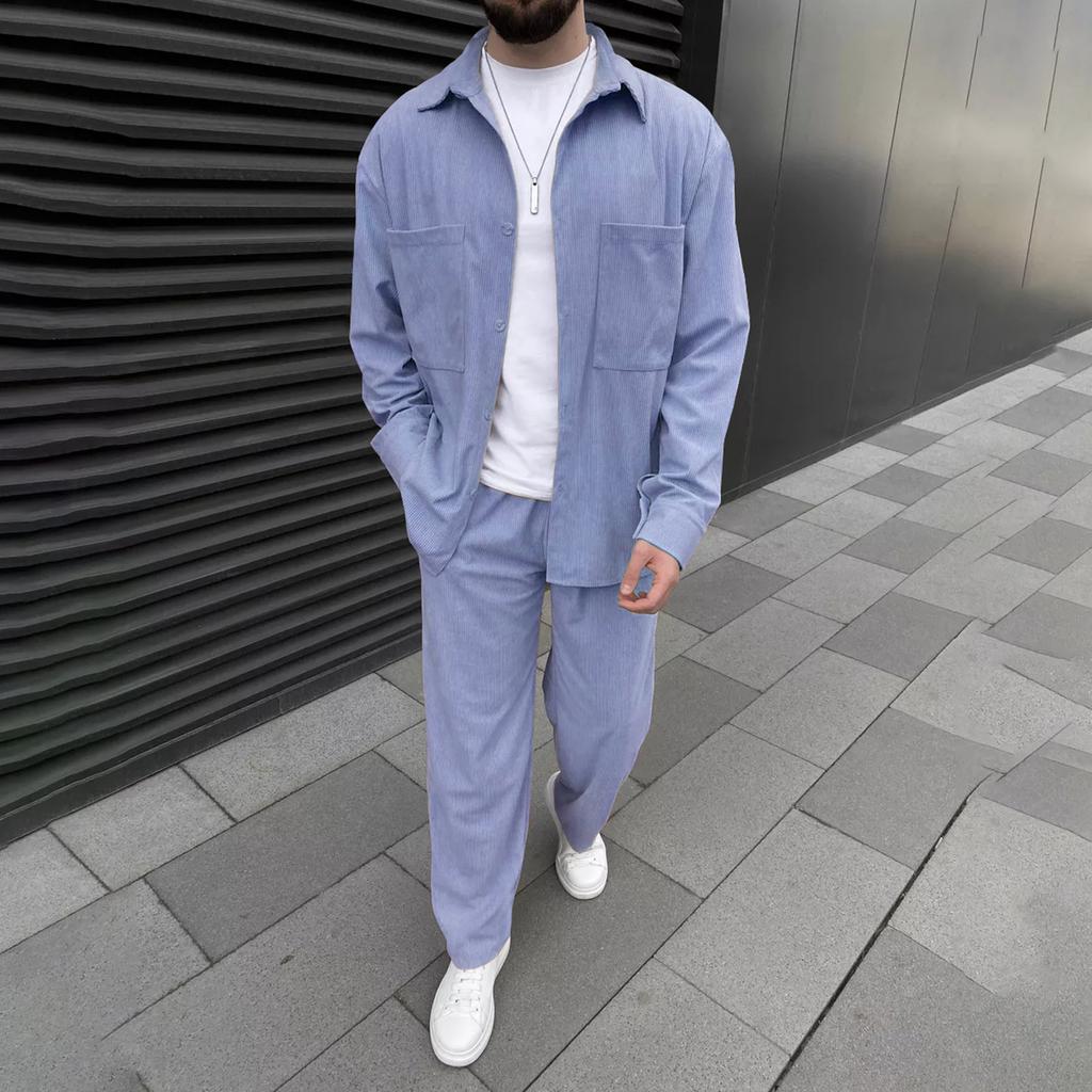 Men's Solid Color Button Double Pocket Long Sleeve Jacket Casual Trousers Two Piece Suit
