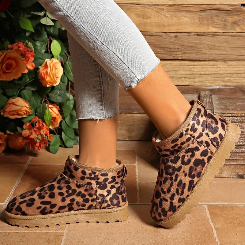 2024 High Quality Women's Shoes Ankle Women's Boots Warm Snow Boots Women Leopard Print Round Toe Slip On Flat with Shoes Women
